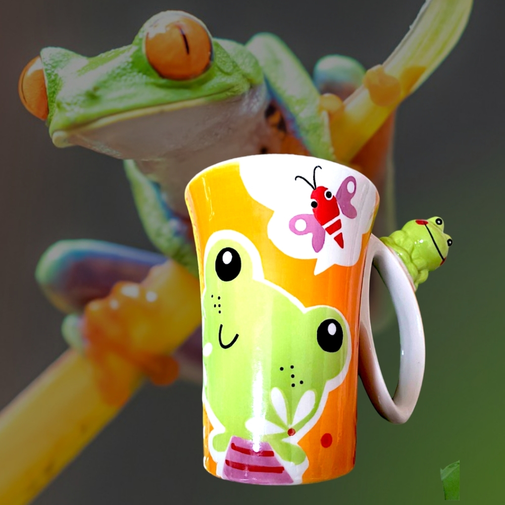 Hand Painted Indra Fine Stoneware Frog Coffee Tea Mug Cup Frog On Handle 10 oz.
